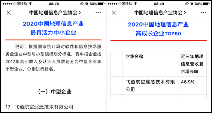 喜訊丨飛燕遙感榮獲2020中國(guó)地理信息產(chǎn)業(yè)最具活力中型企業(yè)榮譽(yù)稱號(hào)，榮耀入選2020中國(guó)地理信息產(chǎn)業(yè)高成長(zhǎng)企業(yè)TOP50！